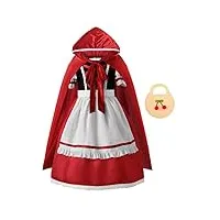 relibeauty chaperon rouge déguisement pour enfant fille costume carnaval halloween avec cape à capuche et sac 7-8ans, 120