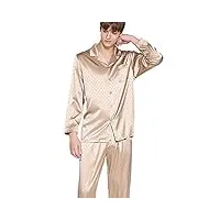 aiyifu ensemble de pyjamas en satin soyeux pour hommes pyjamas de luxe à manches longues avec poche,beige,xxxl