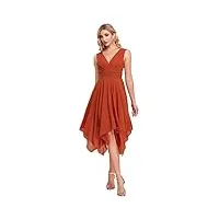 ever-pretty robe de cocktail longue femme asymétrique col en v en mousseline de soie plissé classique orange brûlée 38