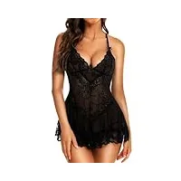 rslove lingerie sexy pour femme nuisette en dentelle chemise en maille vêtements de nuit bridal mini robe noir xxl