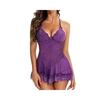 rslove lingerie sexy pour femme nuisette en dentelle chemise en maille vêtements de nuit bridal mini robe violet m