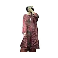 nfym robe tunique rétro en lin à manches longues pour femme - imprimé floral ethnique, rouge foncé, taille unique