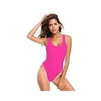 shekini femme maillot de bain 1 pièce col bas large bretelles amincissante beachwear profond u dos nu grande taille swimsuit(m,rose fluorescent z)