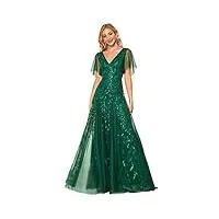 ever-pretty robe de soirée femme longue robe à tulle paillettesa line manches courtes Évasées col v vert foncé 48