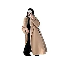 manteau long en laine cachemire pour femme avec col en fourrure et ceinture vintage, kaki, m