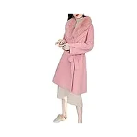 manteau long en laine cachemire pour femme avec col en fourrure et ceinture vintage, rose, m