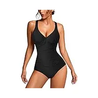 femme maillot de bain une pièce plongeant col v monokin contrôle ventre body amincissante gainant dos croisé (l, noir)
