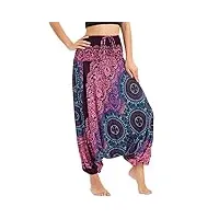 nuofengkudu femme hippie sarouel combinaison pantalon bretelles jumpsuit taille haute large boheme fleuri imprimé leger grande thai yoga pants homewear coloré ete plage boussole rose