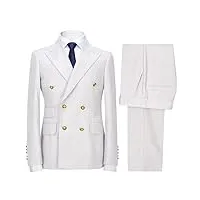 wangyue costume 2 pièces pour homme - coupe ajustée - double boutonnage - couleur unie - pour bal de promo, mariage, affaires, smoking, blanc, 60