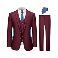 lupurty costume 3 pièces pour homme, coupe ajustée, veste unie à 2 boutons, gilet et pantalon, ensemble de smoking, bordeaux, taille m