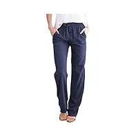 yuson girl pantalon femme en lin décontractés pantalons légers casual elastique ceinture avec poches printemps et eté bleu marine,xl
