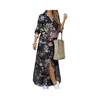 omzin femme bouton bas col robe retroussée manches casual longue maxi robe avec poches split shirt noir fleurs 3xl