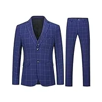 allthemen costume homme 3 pièces tuxedo slim fit à carreaux deux boutons d'affaire mariage veste+gilet+pantalon #6238 bleu l