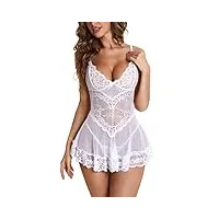 rslove lingerie sexy pour femme nuisette en dentelle chemise en maille vêtements de nuit bridal mini robe blanc l
