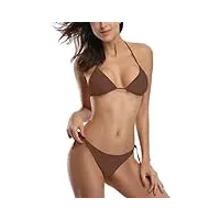 shekini classique femme maillots de bain deux pièces halter réglable bikini femme 2 pièces triangle taille basse ruched bas de bikini de plage(s,marron)