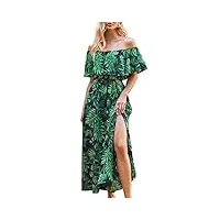 cupshe robes d'été pour femme - robe trapèze à épaules dénudées - robe maxi imprimée tropicale à volants, vert, taille m