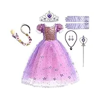 wooluck® fille robe de princesse raiponce avec 6 accessoires, déguisement princesse fille,tulle maxi costume carnaval fille, halloween noël partie cosplay robe de soirée (110)