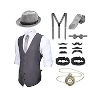blulu accessoires hommes des années 1920 costume de vêtements de gangster gatsby tenue de cosplay d'halloween avec gilet fedora chapeau montre de poche bretelles cravate (xxl, gris)