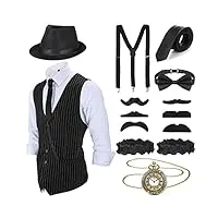 blulu accessoires hommes des années 1920 costume de vêtements tenue avec gilet chapeau fedora montre de poche bretelles cravate pour homme (xxl)