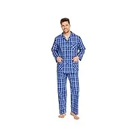 amaxer pyjama à manches longues en coton pour hommes，bleu carré,l