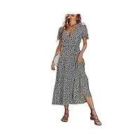 wisfruit robe d'été décontractée pour femme - col en v - robe longue florale bohème - manches courtes - motif floral - robe de plage avec ceinture, a-noir, m