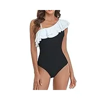 nland maillot de bain 1 pièce femme plage rembourré elégant one shoulder ventre à volants haut de chic bikini(blanc + noir,l)