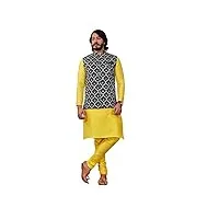 ethnic emporium costume indien lucknowi pour homme, coupe droite, veste miroir et pyjama en soie artistique sherwani 2168, jaune, 46