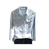 kehaioo chemise en jean à manches longues et col rabattable pour femme - double poche, bleu clair, xxl