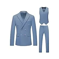 costume 3 pièces à double boutonnage pour homme, veste solide, veste, pantalon, ensemble de costume décontracté à revers châle grande taille, bleu ciel, taille l