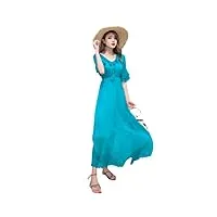 robes d'été 100 % soie véritable pour femme - couleur unie - col en v profond - robe de plage - bleu - xl