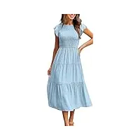 eudolah robe femme ete casual fluide bohème robe de plage mi longue manches courtes col rond rétro robe vacances trapèze (xl,bleu clair)