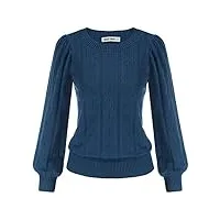 chandails hivers femme chaud casual pull veste col rond manche longue lanterne vintage sweatshirt style 50 rétro bleu marine -2 l