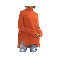 lillusory pull surdimensionné à col roulé pour femme, pull tunique en tricot côtelé à manches chauve-souris, orange, taille l
