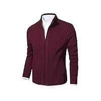 cardigan homme automne hiver gilet zippé slim fit casual veste en maille col droit manche longue avec 2 poches vin rouge xl