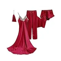 5 pièces femmes chemises de nuit d'été satin sexy robe robe de chambre pour femmes ensemble de pyjamas,rouge,xl