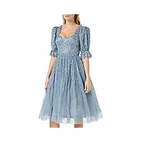 maya deluxe ladies dress women midi sequin embellished frilly sweetheart neckline puffed sleeves for wedding guest prom evening robe, dusty blue, 18 femme