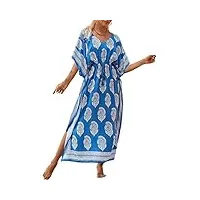 bsubseach robe de plage femme tunique caftan grande taille kaftan bohème maxi longue djellaba eté bleu