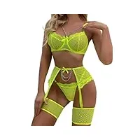 aranmei ensemble de lingerie sexy 4 pièces pour femme avec poignets au niveau des cuisses et porte-jarretelles, vert fluorescent, m