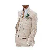 costume de mariage 3 pièces en lin pour hommes, deux boutons, smoking simple boutonnage, revers en pointe, costume d’affaires, style décontracté, beige, 50 cm