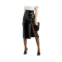 jupe midi sexy noire fendue en cuir verni pour femme - taille haute - longueur genou - en pvc - Élégante jupe de bureau en latex, noir , 52