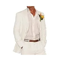 costume 3 pièces en lin à revers cranté pour homme - coupe ajustée - costume d'affaires de mariage - smoking, blanc, 52