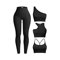 oqq tenue d'entraînement 4 pièces pour femme - legging taille haute côtelé avec haut court 3 pièces avec soutien-gorge de sport, noir, large