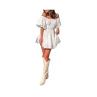 loalirando robe tunique élégante à manches courtes bouffantes et épaules dénudées - couleur unie - col carré - taille élastique, blanc, s