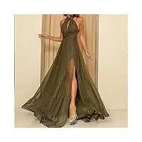 yanyueshop mesdames vert mousseline de soie a-ligne halter robe de bal fente latérale sans manches dos nu robe de cocktail (color : a, size : 14)