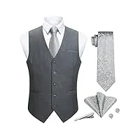 enlision hommes gilet casual formelle gilets sans manche gris pour mariage costume cravate poche carré mouchoir bouton de manchette