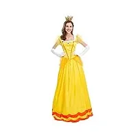 iwemek robe de princesse daisy peach pour femme,manches bouffantes,robe longue avec gants,couronne,accessoire pour adulte,costume de carnaval,costume d'halloween,costume de fête, jaune, s