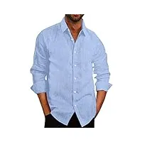 coofandy chemises à manches longues boutonnées pour hommes décontractées boutonnées en lin solide hauts de plage d'été avec poche bleu ciel xxxl