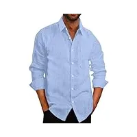 coofandy chemises à manches longues boutonnées pour hommes décontractées boutonnées en lin solide hauts de plage d'été avec poche bleu ciel s