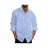 coofandy chemises à manches longues boutonnées pour hommes décontractées boutonnées en lin solide hauts de plage d'été avec poche bleu ciel xl