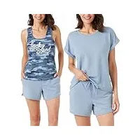 lucky brand ensemble pyjama 3 pièces pour femme, t-shirt, débardeur et short, denim délavé, l